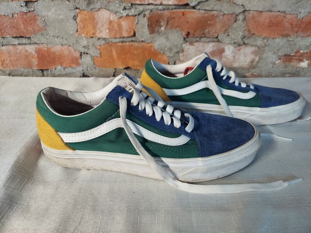 Vans Old Skool Mens 6.5 Womens 8 Blue Green Yellow Multicolor Suede Canvas